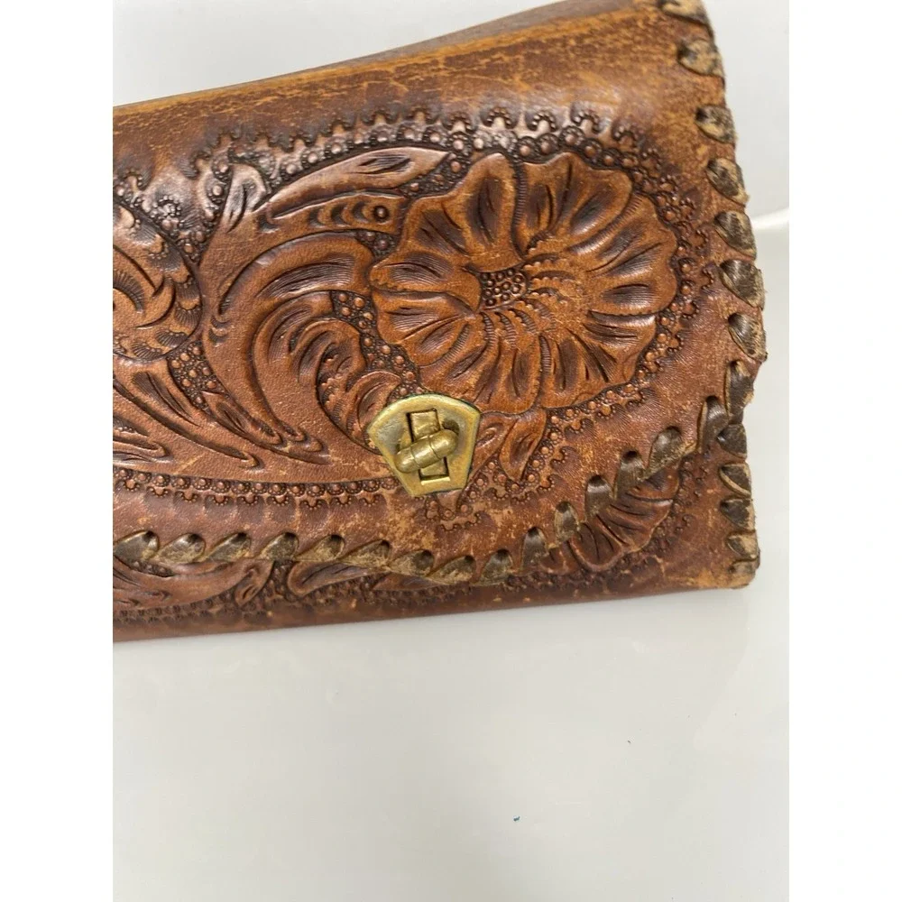 Vintage Handmade Tooled Brown Leather Handbag Shoulder Strap Purse